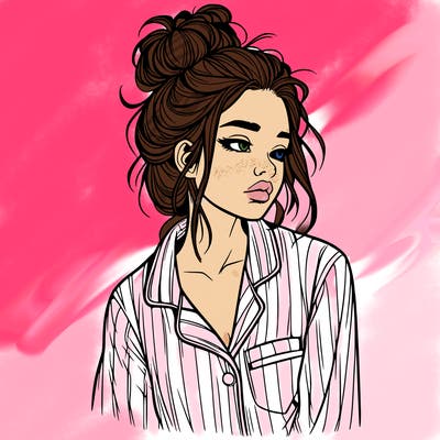 realistic woman with pajamas on and a messy bun