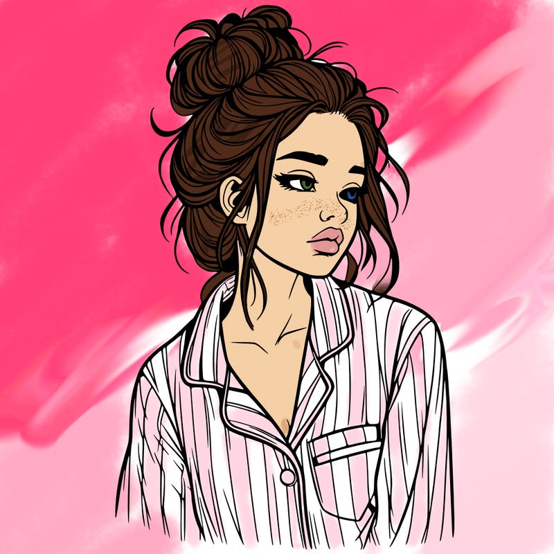 realistic woman with pajamas on and a messy bun
