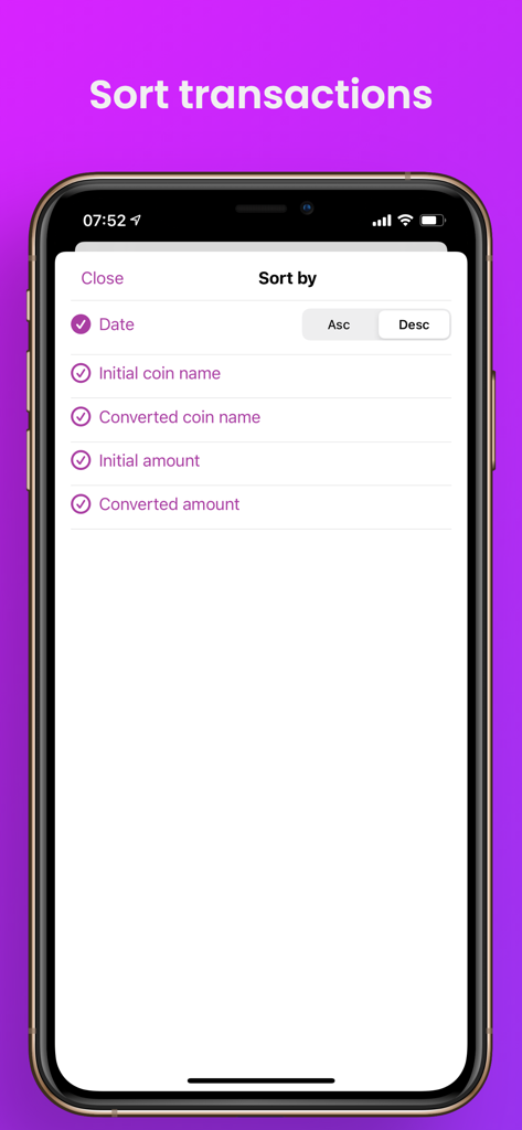 Screenshot of the transaction sorting menu in the Polygon Chain Explorer app