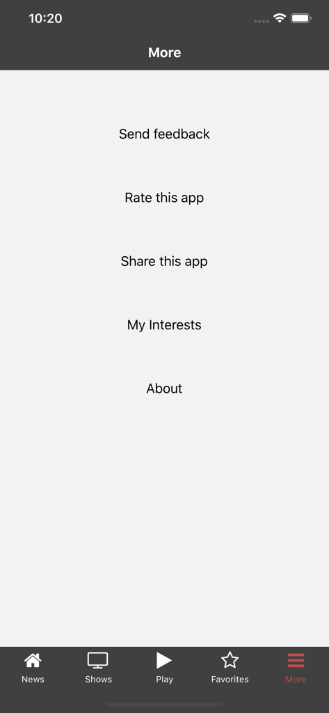 The More settings menu of the Telearuba app with options for feedback and app information