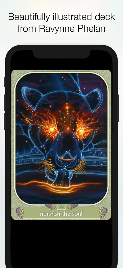 Messenger Oracle - Messenger Oracle app screen showing the nourish the soul card with a mystical blue panther