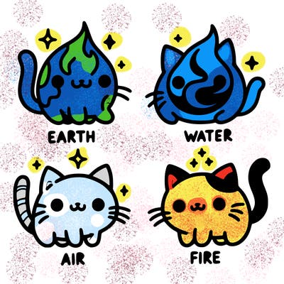 4 cats that represent the different elements, earth, water, air, and fire