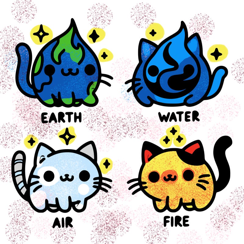 4 cats that represent the different elements, earth, water, air, and fire