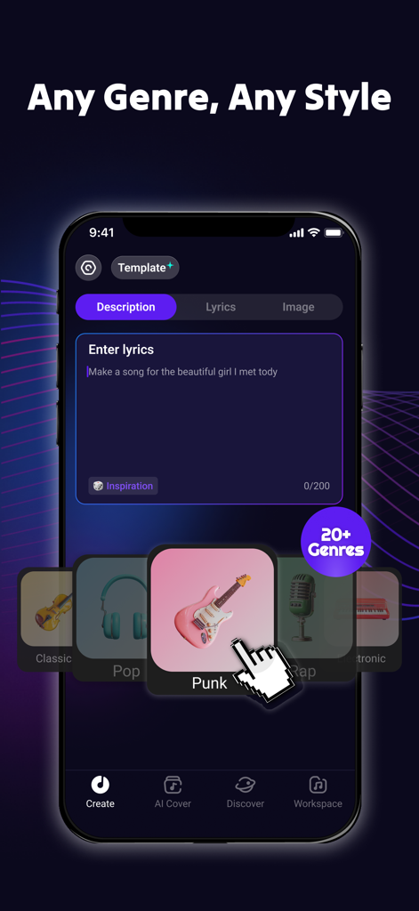 Interfaz de la aplicación generadora de música con IA de Rythmix que muestra la entrada de letras y varios géneros musicales como Punk y Pop