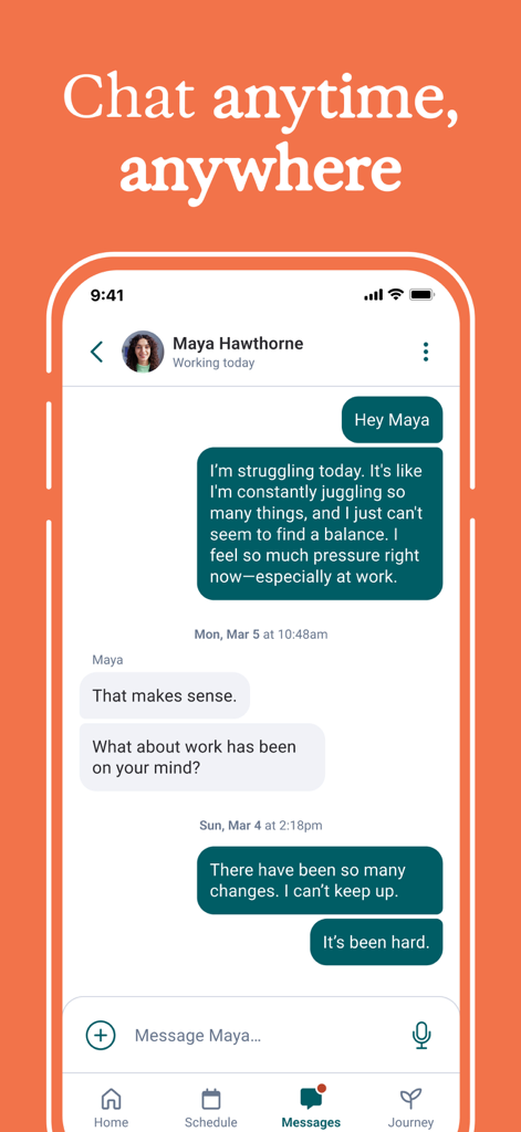 Talkspace: Virtual Therapy App - A mobile phone screen displaying the Talkspace app chat interface where a user is messaging their therapist.