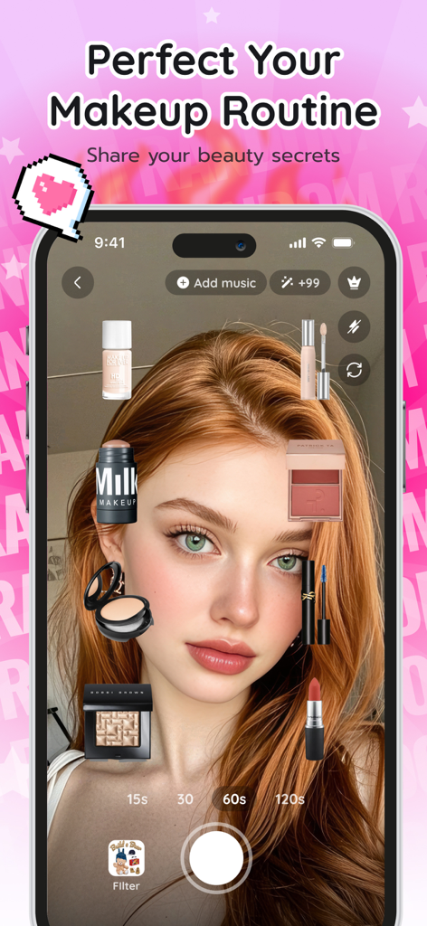 Random Filter: Lovely Tap - A woman using a makeup routine filter with virtual beauty products floating around her face