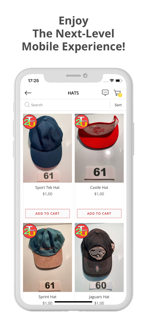 Mobile interface of Thrift2U app showing hats for one dollar each