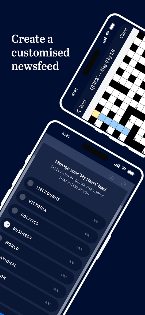 Die Benutzeroberfläche der The Age App, die die Anpassung des Nachrichten-Feeds und ein Kreuzworträtsel zeigt