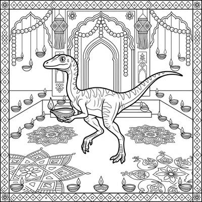 Step into a world where ancient dinosaurs meet vibrant festivals with this unique Compsognathus dinosaur Diwali coloring page. Discover the joy of bringing this festive prehistoric scene to life with your favorite colors.