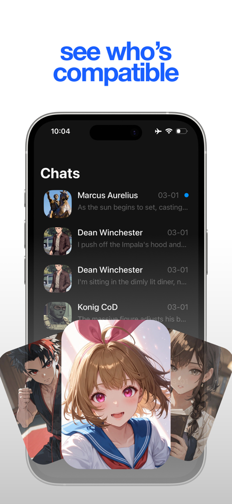 mochii - Emochi alternative - Screenshot of the mochii app showing a chat history list with AI characters and anime-style companion cards.