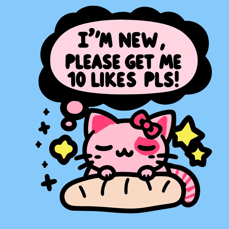 kitty taking a nap dream talking and saying "i'm new, please get me at least 10 likes pls!!"