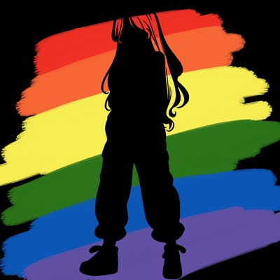 girl in baggy pants crop top and long hair