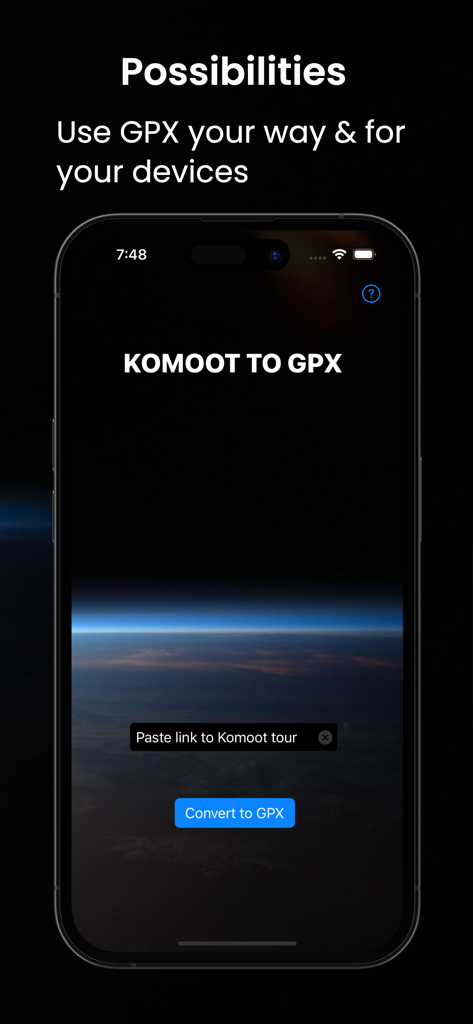 Interfaz principal de la aplicación Komoot a GPX en un iPhone que muestra la entrada del enlace de ruta y el botón de conversión