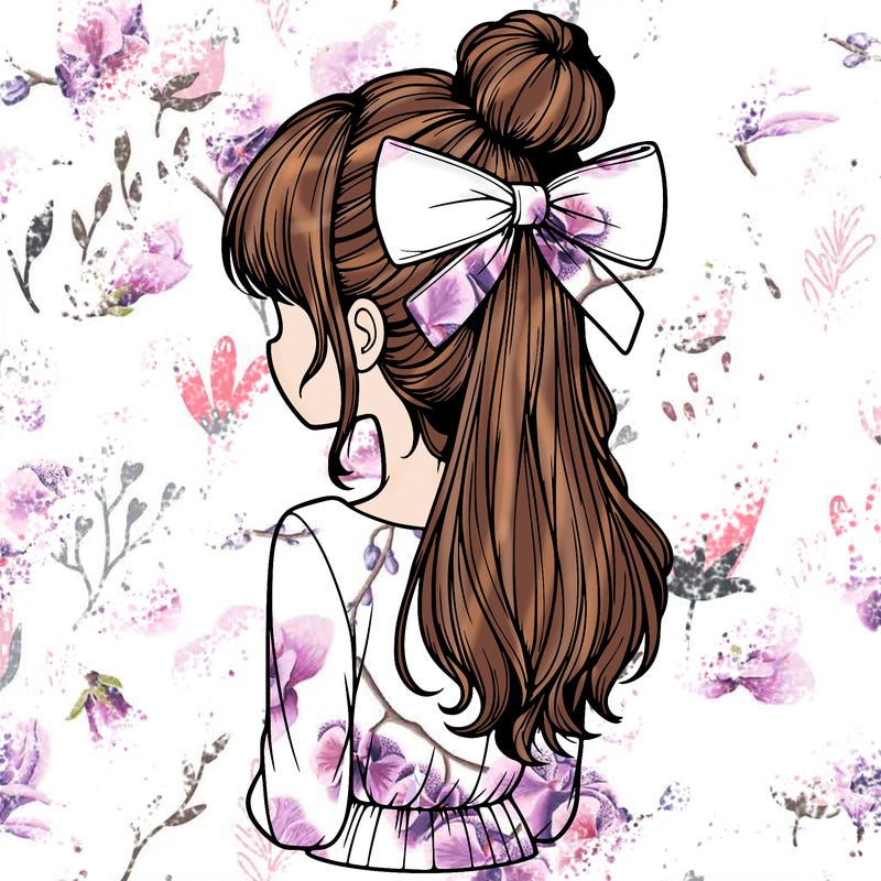 realistic girl  with hip length hair a bun and a big bow on the back of head