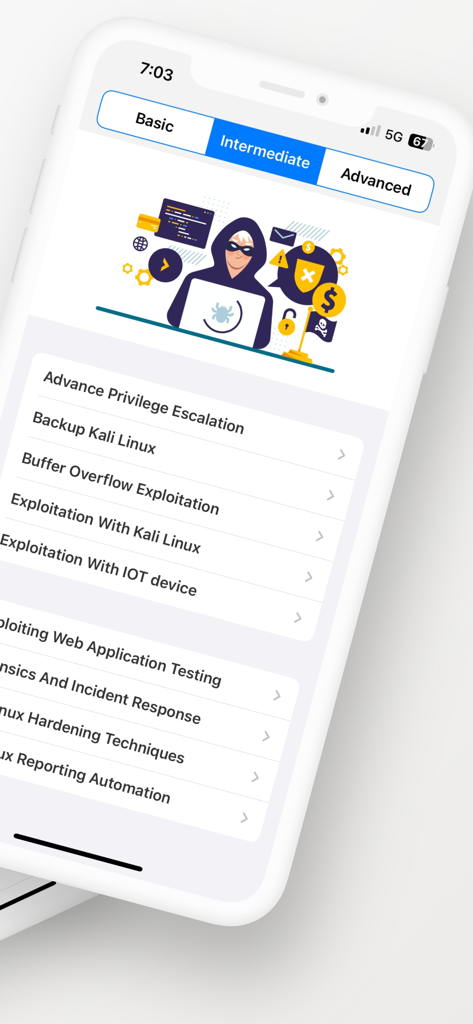 Learn Kali Linux - Captura de pantalla de la interfaz de la aplicación Aprende Kali Linux mostrando módulos de cursos intermedios de ciberseguridad