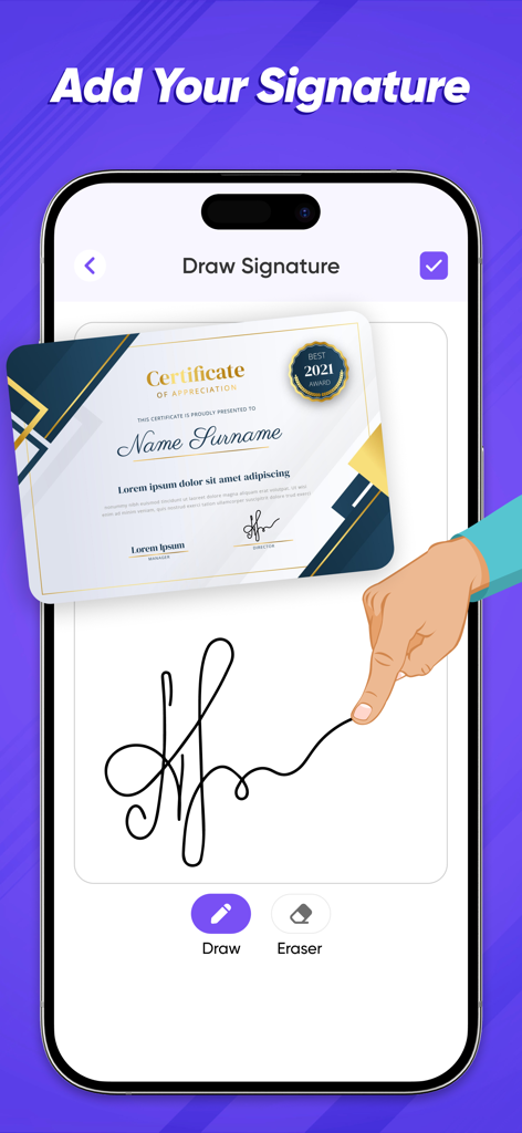 Certificate Maker :Party Card - A hand drawing a digital signature on a smartphone screen to personalize a professional award certificate