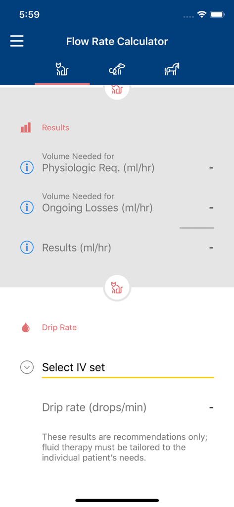 Vetivex - Vetivex mobile app flow rate calculator screen for veterinary professionals showing IV fluid requirement results and drip rate selection for cats