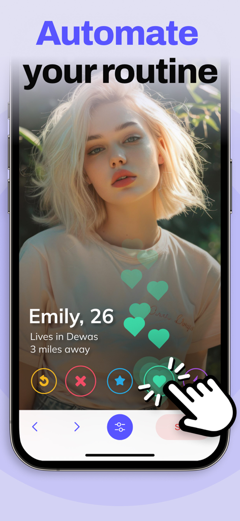 Interface de l'application My Auto Clicker démontrant le tapotement automatisé sur un profil de rencontre avec le texte Automatisez votre routine