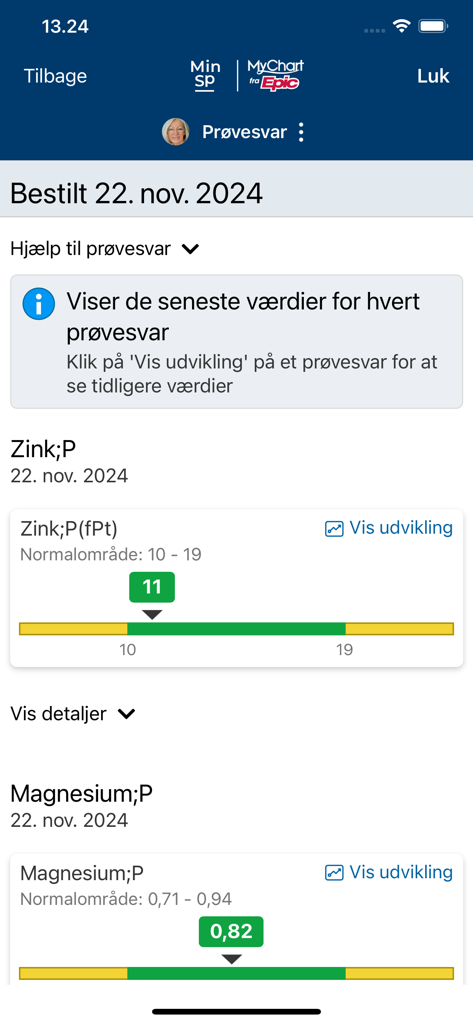 MinSP - A mobile app interface showing medical test results for zinc and magnesium with status indicators