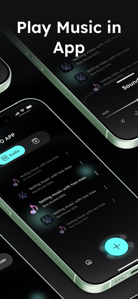 Music Equalizer: Audio Booster - Interfaz de la aplicación Music Equalizer mostrando una lista de pistas de música con graves potenciados en un iPhone.