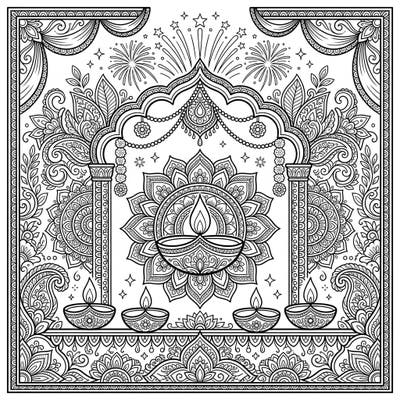 Immerse yourself in the radiant beauty of Diwali with this stunning coloring page, featuring intricate wall art designs and traditional festive elements. Perfect for celebrating the festival of lights, this template offers a joyful and relaxing coloring experience.