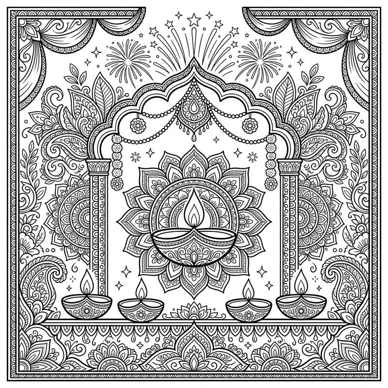 Immerse yourself in the radiant beauty of Diwali with this stunning coloring page, featuring intricate wall art designs and traditional festive elements. Perfect for celebrating the festival of lights, this template offers a joyful and relaxing coloring experience.