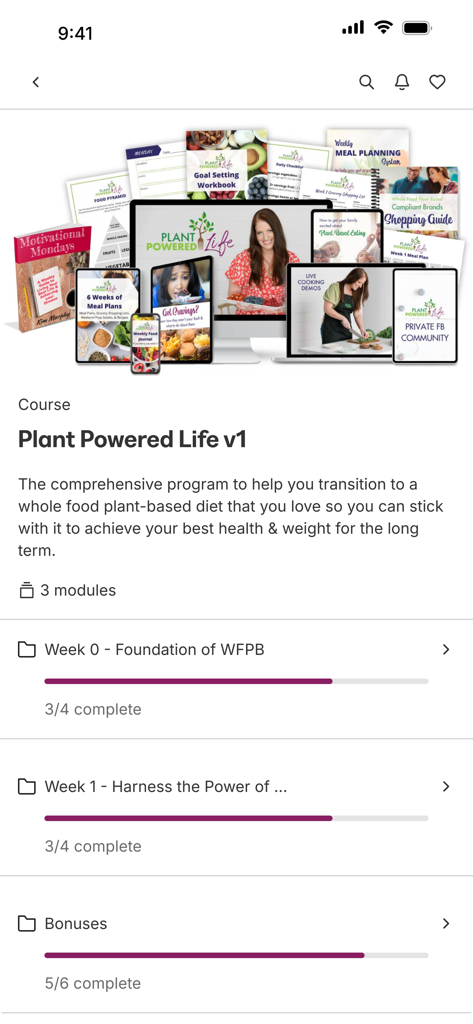 Simply Plant Based Kitchen app screen showing course modules and progress