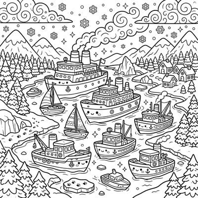 Discover the cuteness of winter with this delightful kawaii watercraft coloring page. Featuring charming ships and boats sailing through a snowy landscape, it's perfect for a cozy coloring session.