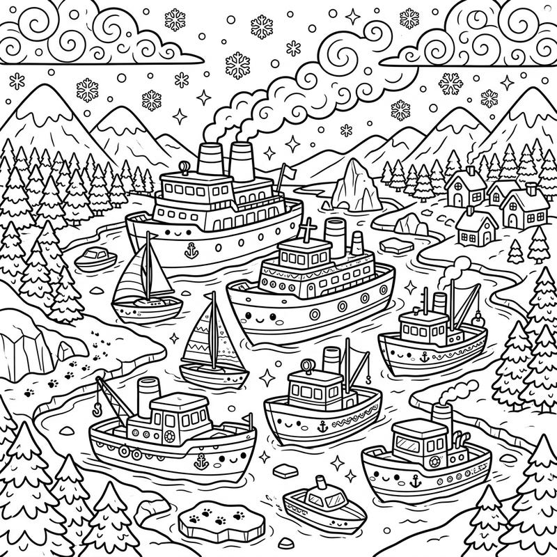 Discover the cuteness of winter with this delightful kawaii watercraft coloring page. Featuring charming ships and boats sailing through a snowy landscape, it's perfect for a cozy coloring session.