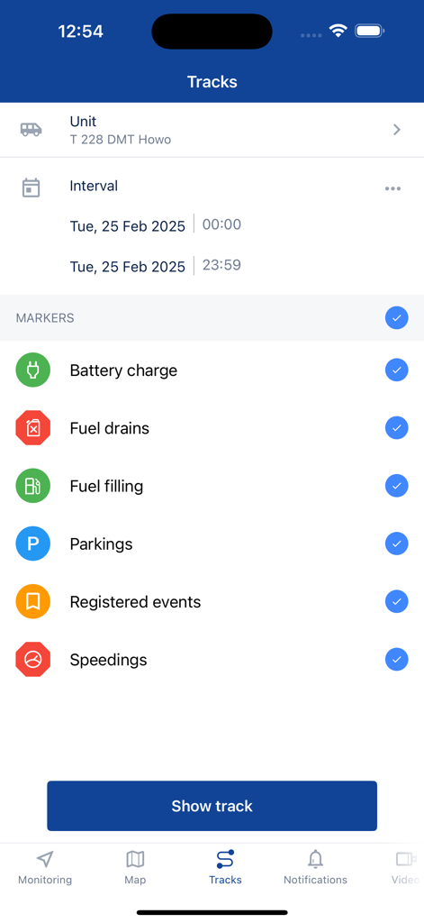 Bildschirm der Easytrack Telematics App, der Optionen für die Fahrzeugverfolgungshistorie mit Markierungen für Kraftstoffdiebstahl, Geschwindigkeitsüberschreitungen und Parken anzeigt