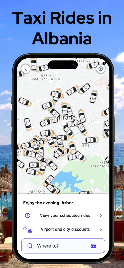 알바니아 티라나 지도의 여러 택시 차량을 보여주는 Patoko 앱 인터페이스