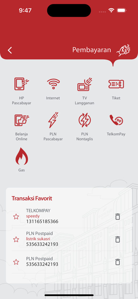 Mobile Maslahah by bjb syariah - Die Rechnungszahlungs-Oberfläche der Mobile Maslahah App zeigt Kategorien für Dienstleistungs- und Servicezahlungen an