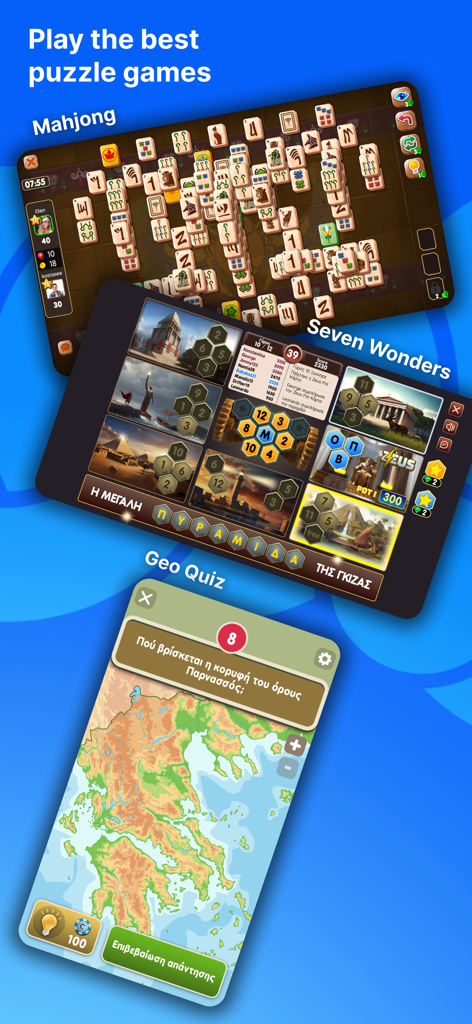 Eine Präsentation von Puzzlespielen innerhalb der Zoo.gr-App mit Mahjong, Seven Wonders und einem griechischen Geo-Quiz.