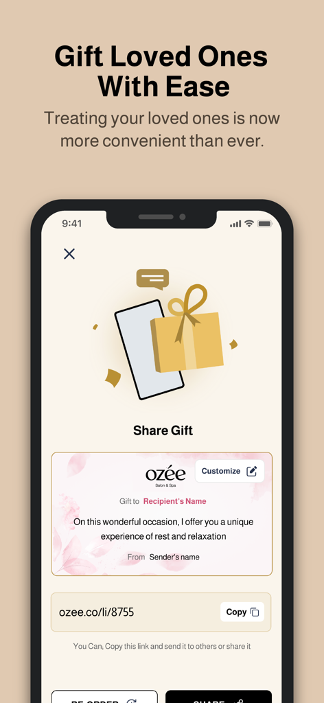Interface of the Ozee app for gifting home salon and spa experiences to others.