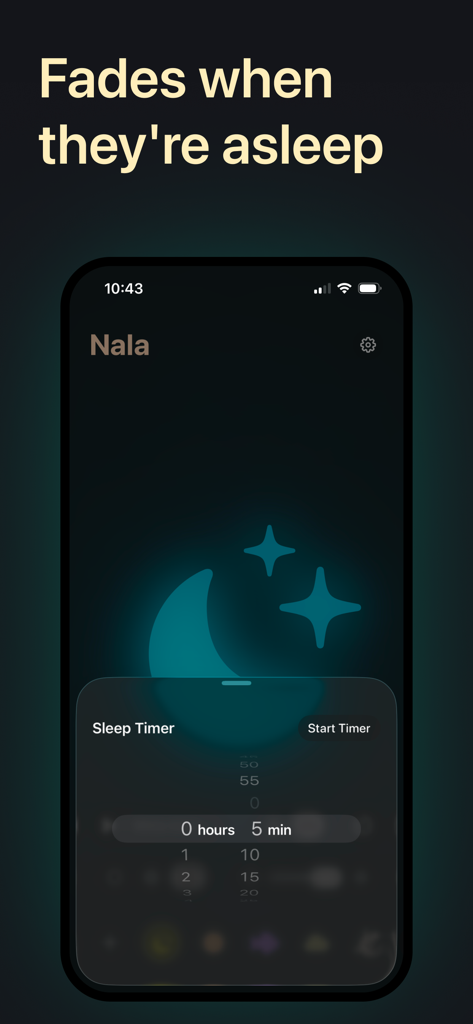Baby Night Light - Nala - Pantalla del teléfono inteligente que muestra la configuración del temporizador de suspensión de la aplicación de luz nocturna para bebés Nala sobre un gráfico brillante de luna y estrellas