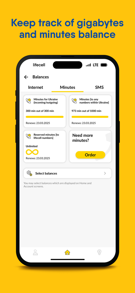 My lifecell - Screenshot of My lifecell app showing a dashboard for tracking calling minutes and balances for Ukrainian network services.