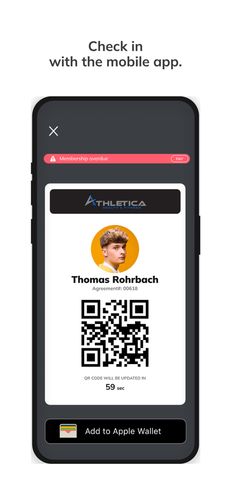 Digitale Mitgliedskarte in der Athletica Health and Fitness App mit einem QR-Code für den Check-in
