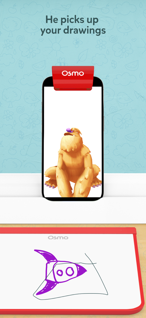 Mo the monster picking up a physical drawing into the Osmo app