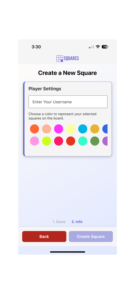 Setup screen for entering a username and choosing a representative color for the football squares game.