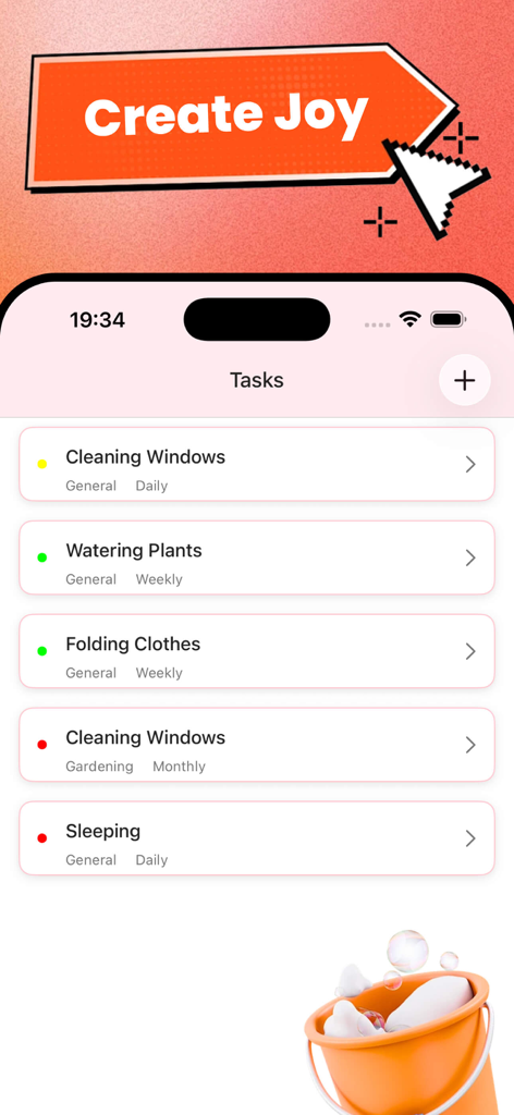 Funmets - Una pantalla de la aplicación Funmets que muestra una lista de tareas familiares, incluyendo limpiar ventanas y regar plantas.
