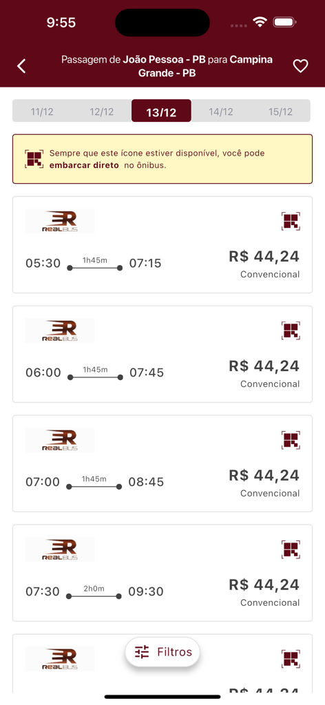 Real Bus app screen showing bus trip times and prices for the route from Joao Pessoa to Campina Grande