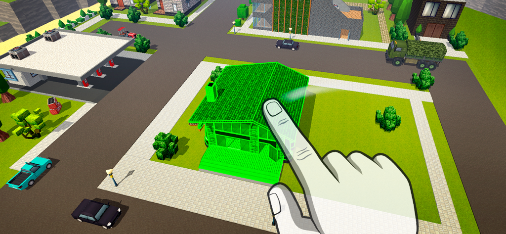Un dito che seleziona una casa evidenziata in verde in un quartiere pixel art