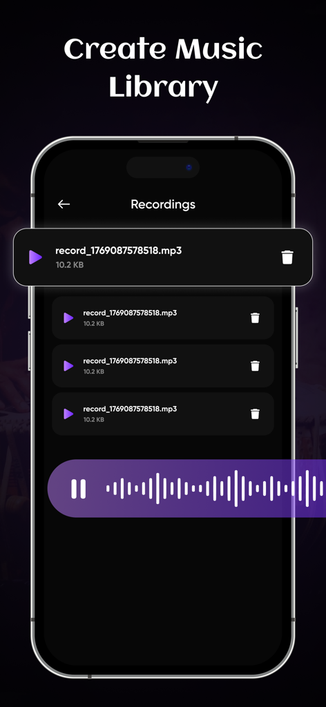 Real Tabla : AI Music Maker - Interfaz de la aplicación Real Tabla mostrando una lista de grabaciones musicales guardadas y un botón de reproducción