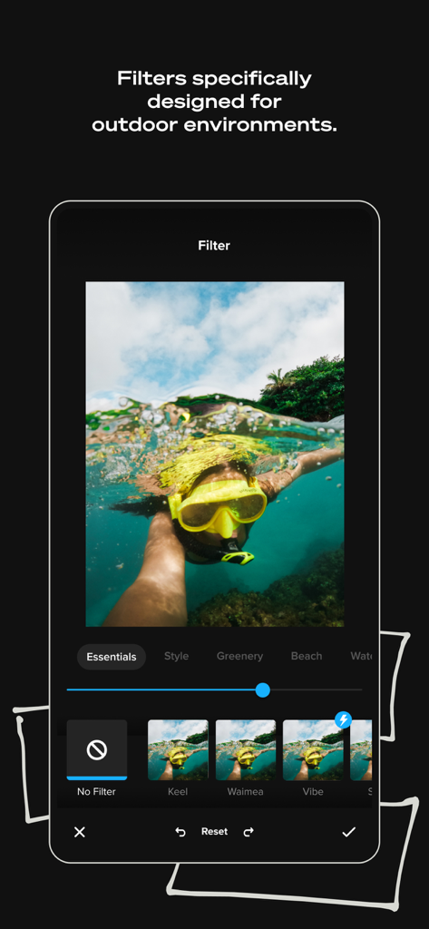 GoPro Quik app interface showing specialized filters for an underwater snorkeling photo with categories like beach and water