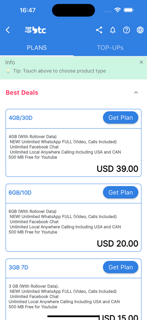 Topup BTC - Topup BTC app screen showing mobile data and calling plans with prices
