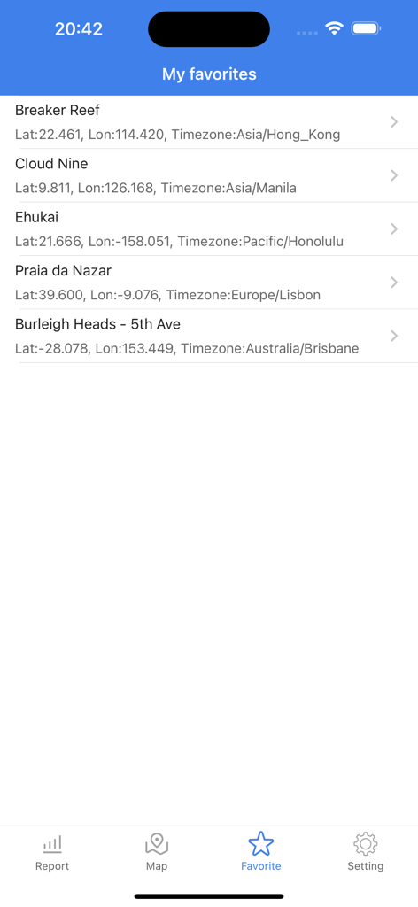 Surf Report - Smartphone screen showing a list of favorite surf locations with geographic coordinates and timezones in the Surf Report app.