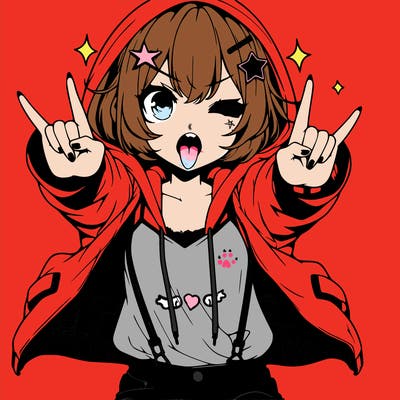 an anime girl,short hair,wearing a hoodie with a jacket on top,wearing jeans,star hair clip on hair,holding up rock and roll sign with both her hand facing forward in the middle,mouth open with tongue sticking out, pointy teeth