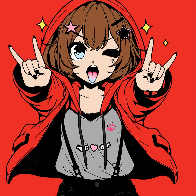 an anime girl,short hair,wearing a hoodie with a jacket on top,wearing jeans,star hair clip on hair,holding up rock and roll sign with both her hand facing forward in the middle,mouth open with tongue sticking out, pointy teeth