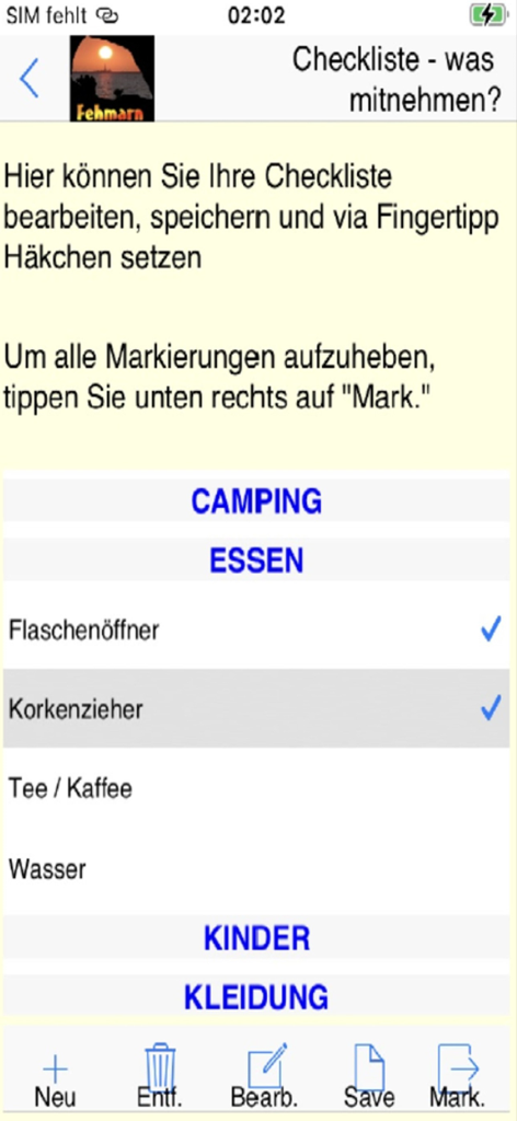 A travel packing checklist screen in the Fehmarn app showing categories like camping and food with checkable items.