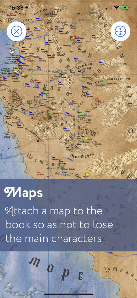 ShortBook² - A vintage style map within the ShortBook app for tracking book characters